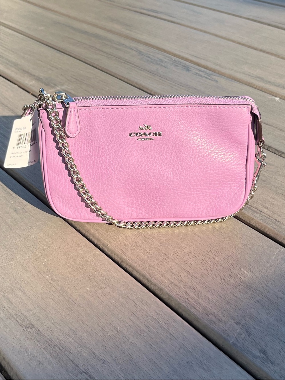 Coach; Lavender Pebble Leather; Mini Bag/Large Wristlet; Silver Tone Chain; NWT